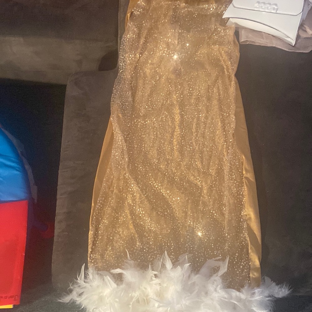 Custom made feather dress in gold